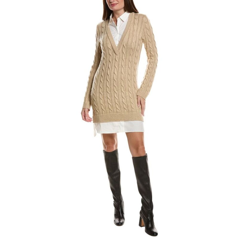 English Factory Womens  Mixed Media Cable Knit Sweaterdress, Brown